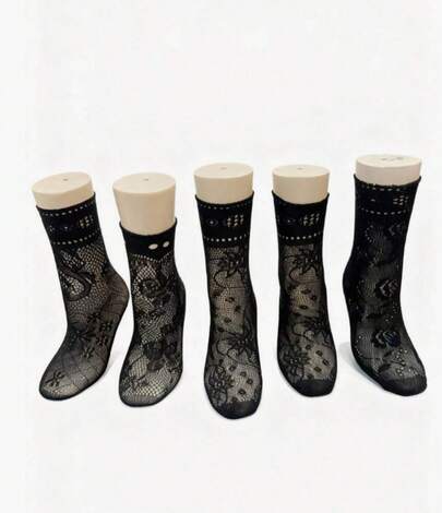 5 Pairs Women Lace Trim Boat Socks, Print Mesh Socks, Ultra-Thin Sheer Ankle Socks, Knee-High Socks And Stockings, Cozy