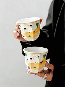 1/2 pezzi Tazza da caffè in stile mediorientale con cammello del deserto e palma di , in ceramica, da 180ml/250ml, per caffè e tè, tazza riutilizzabile per riunioni familiari e occasioni speciali, regalo per il Ramadan/Festa nazionale saudita, tazza decorativa a tema deserto - Paesaggio desertico - Visualizzare 2