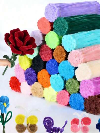 200/100 pièces Assortiment de tubes en peluche moelleux de couleur macaron, comprenant des tubes en chenille haute densité, des tubes moelleux, des tubes faits main, des tubes d'artisanat, des matériaux de tube en chenille fait main artistique, cadeau de Noël