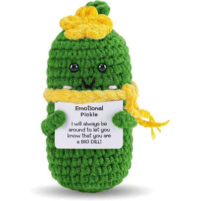 1 pieza Hoedia Obsequio hecho a mano de pepinillo emocional, muñeca de ganchillo de pepino inspiradora con tarjeta, regalo divertido de punto de apoyo a los amigos pepinillo y patata para cumpleaños
