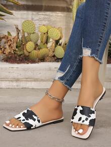 Summer New Cow Print Sandals For Women, Square Toe Strap Retro Casual Slip-On Flat Slippers - Beige - View 3