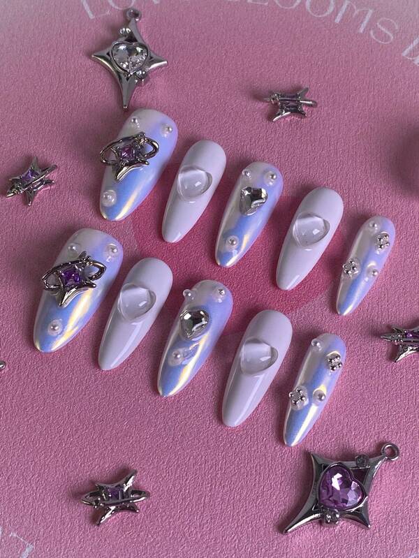 10PCS Women's Nail Art Stickers, Almond-Shaped Nail Tips, Exquisite Handmade Nail Decals, Featuring A Dreamy Gradient Blue And White Base Color, Adorned With Small Embellishments Like Stars, Faux Pearls, And Hearts. Each Piece Has A Unique Design And Superb Texture. This Full-Coverage, Reusable Acrylic Glossy False Nail Set Includes Nail Glue And Is Perfect For Valentine's Day, Birthday Parties, Everyday Wear, Collecting, Or As A Gift. Nails