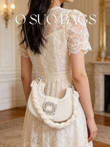 Mini White Denim Shoulder Bag, Fashion Rhinestone Underarm Bag, Elegant Crossbody Bag For Women