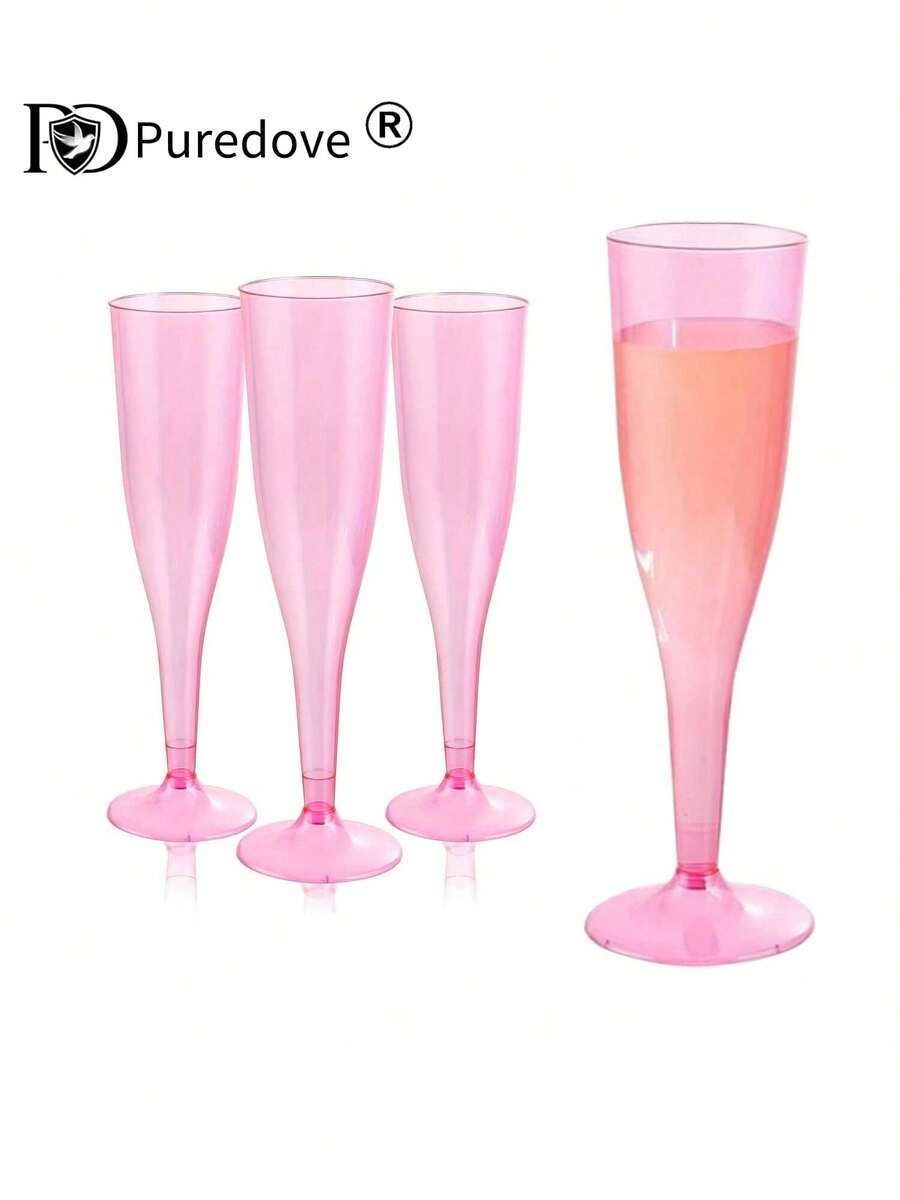 PUREDOVE 25/50 Pcs Clear Pink Plastic Champagne Flutes,Pink Party Decorations,130ml/4.5oz Reusable Pink Plastic Champagne Glasses,Durable & Elegant Flute-Shaped Glasses For Weddings, Cocktails, Holidays,Christmas, New Year's Day - 粉色 - 查看 1