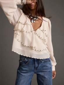 Áo kiểu tay dài cổ chữ V bèo nhún, màu trơn, đính hạt ngọc trai giả, phong cách thường ngày, thích hợp cho mùa xuân. - Ngà voi - Xem 8