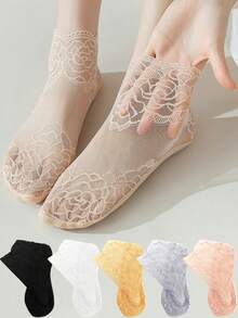 5 Pairs Summer Woman Lace Flower Hollow Out Hosiery Breathable Cool Tulle Transparent Invisible Ruffle Socks Ladies - Multicolor - View 8