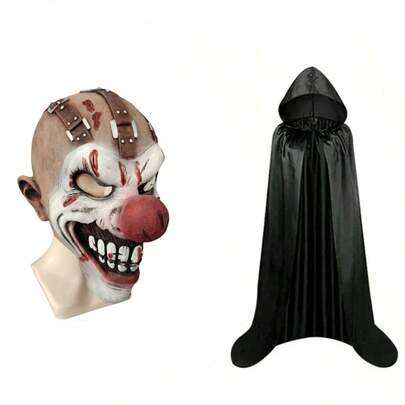 Red Nose Clown Horror Latex Mask Headgear, Party Escape Room Haunted House Cosplay Atmosphere Cape, Children & Adults Grim Reaper Hooded Cape Costume Prop, Satin Hooded Cloak