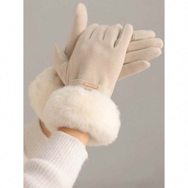 1 Pair Ladies Solid Color Elegant Casual Polyester (Polyester) Full Finger Gloves, Suitable For Sports, Outings, Autumn/Winter - 米色 - 查看 1