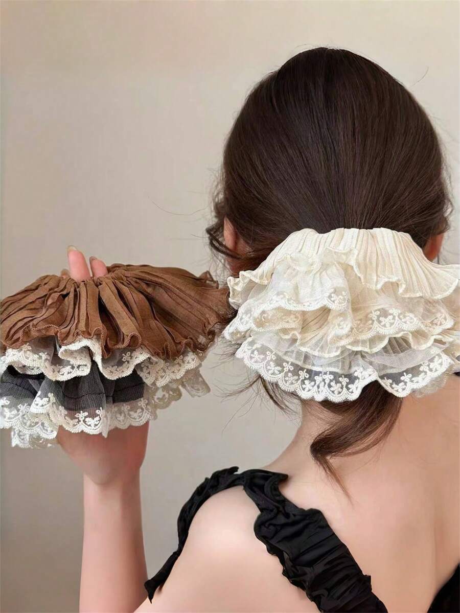 1件/3件/4件 女款柔軟優雅純色百褶雙層蕾絲荷葉邊 28cm 超大號髮圈，馬尾髮圈，髮飾
