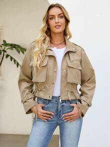 Women's Stylish Short Jacket With Drawstring Waist And Pockets Long Sleeve Button Front Woven Fabric Utility Coat