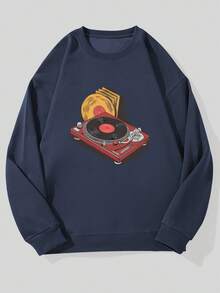 Men's Casual Crew Neck Sweatshirt With Turntable Pattern - Navy Blue - View 1