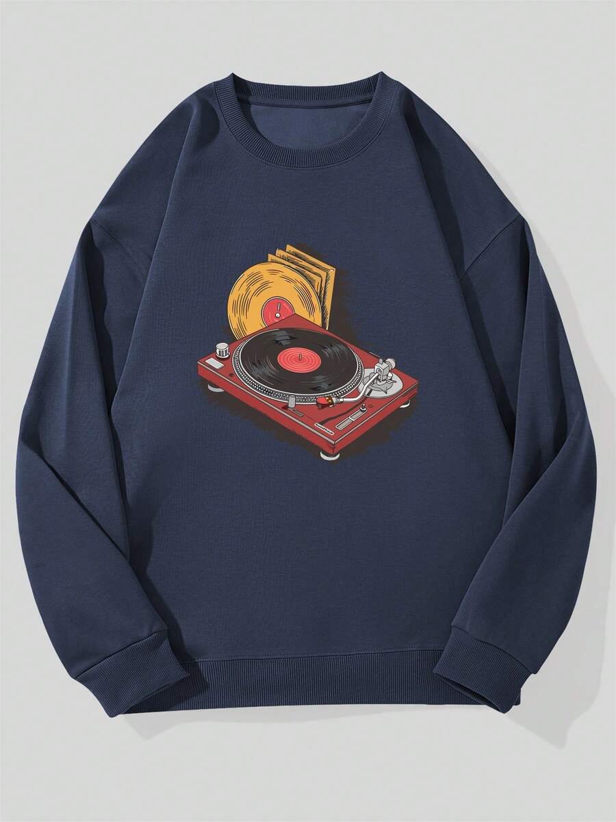 Men's Casual Crew Neck Sweatshirt With Turntable Pattern - Navy Blue - View 1
