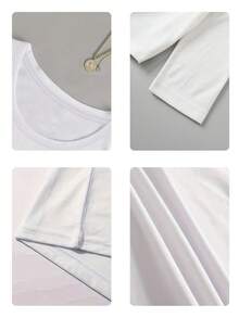 女士白色纯棉长袖圆领常规下摆T恤，适合春夏度假穿着，可机洗，常规版型