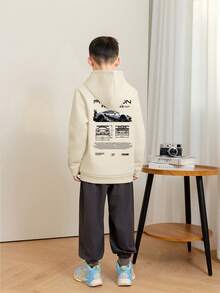 1件装男童休闲印花套头卫衣，保暖内衬，长袖，秋冬季 - 杏色 - 查看 2