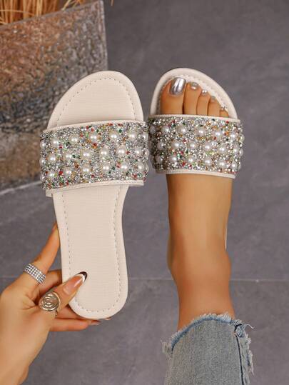 Sandalias planas para mujer, diapositivas de tacón bajo con decoración de perlas y rhinestones, puntera redonda, minimalistas y elegantes