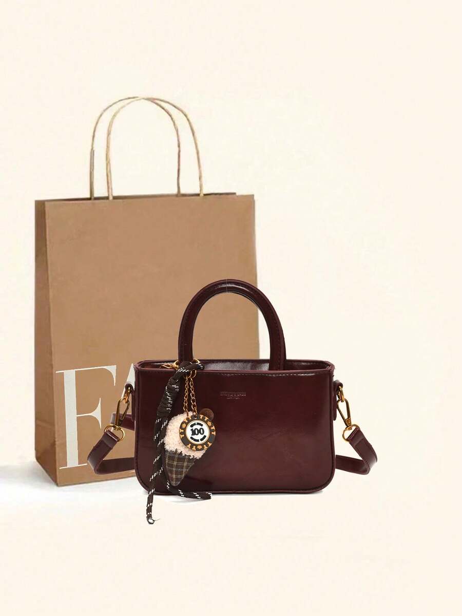 Autumn/Winter New Vintage Oiled Leather Burgundy & Black Handbag, Small Crossbody Bag For Women With Plush Pendant, Suitable For Daily Use, Shopping, Dating, Gift, Zipper Closure, Practical Phone Pouch, Letter Pattern Versatile Square Bag - Multicolor - View 1