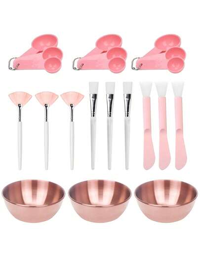 Set de 5/15/30 piezas de tazones para mezclar mascarillas faciales, suministros de belleza, herramientas de spa para el cuidado del rostro, herramientas de mezcla de mascarillas DIY, kit de brochas aplicadoras de mascarillas, tazones faciales color oro rosa, brocha en forma de abanico, brocha de cabeza plana, cuchara medidora, brocha aplicadora de silicona de doble extremo