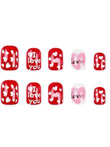 24 szt./zestaw europejskich i amerykańskich naklejek na paznokcie z motywem serca i miłości na Walentynki, słodkie, romantyczne naklejki na paznokcie, czerwone sztuczne paznokcie - Czerwony - Zobacz 3