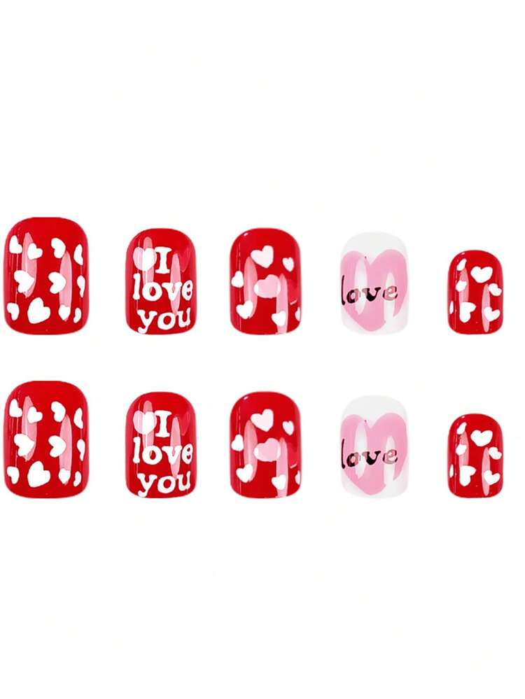 24片/套 欧美情人节爱心美甲贴纸，甜蜜浪漫美甲贴花，红色假指甲 - 紅色 - 查看 3