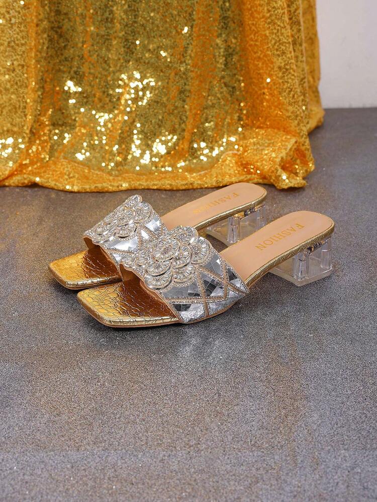 1 Pair Plus Size Fashionable Glitter Flower Shaped Reflective Rhinestone Decorated Slip-On Sandals For Teenage Girls, Elegant Crystal Transparent Chunky Heel Slides, Versatile For Birthday, Party, Casual, Commute, Travel, Spring/Summer - Gold - View 7