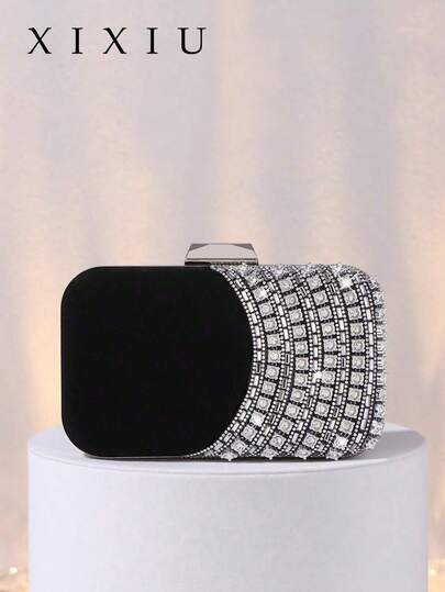 1pc Elegant Velvet Diamond Sequin Box-Shaped Evening Bag, Luxury Gemstone Decor Party Clutch With Detachable Metal Chain Strap For Shoulder Or Crossbody, Suitable For Wedding, Party, Formal Occasion, Holiday Gift, Best Gift For Women