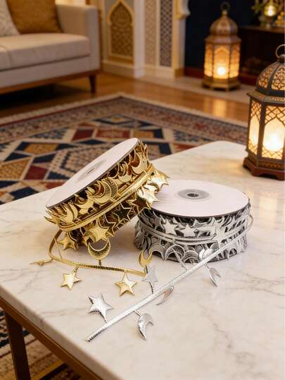 1pc 5m Gold/Silver Star & Moon Pattern Ribbon, Craft Ribbon, Holiday Decor, Home Decor, Home Goods. Ramadan Decor, Valentine's Day Decor, Ramadan Blessing
