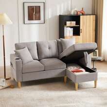 Modern L-Shaped Sofa, 3-Sitzer-Sofa With Chaiselongue, Stauraum, Integrated Getränkehalter, With 2 Kissen Geliefert, Geeignet Für Wohnzimmer, Büro, Wohnung Usw., Video Verfügbar - Light Gray - View 2