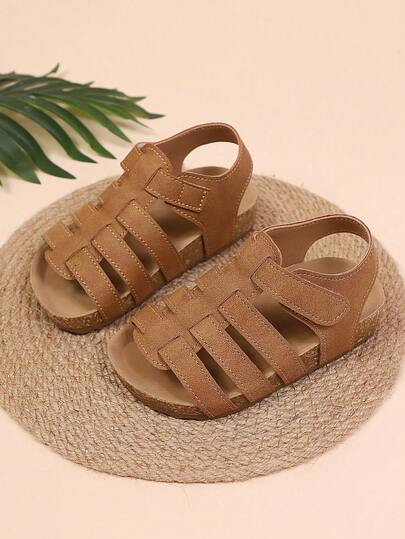 1 Pair Kids' Solid Color Woven Open Toe Non-Slip Soft Bottom Simple Fashion Flat Sandals, Suitable For Summer