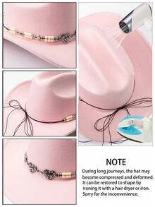 1pc Unisex Solid Color Western Cowboy Hat, Soft Wool Felt Material, Heart Rhinestone Metal Star Beaded Decor, Suitable For Back To School, Party, Western Theme Event, Gathering, Valentine's Day, Graduation, Masquerade, Holiday, Birthday, Music Festival, Mother's Day, Travel, Hiking, Daily Wear, Fashion & Versatile - Style 1 - View 4