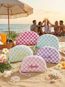 Bolsa de maquillaje bordada a medida con estampado de cuadros | Organizador de artículos de tocador de viaje para mujeres, regalo de despedida de soltera, regalo de ducha nupcial, bolsa de cosméticos para almacenamiento portátil - Multicolor - Ver 7