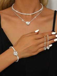 4pcs/Set Romantic Crystal Necklace Jewelry Set For Bride, Bridesmaid, Party Valentine's Day Accessories - Silver 80867001 - View 19