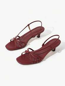 2026新款欧美夏季露趾绑带凉鞋，百搭真皮小猫跟无后跟凉鞋，女士款 - 酒紅色 - 查看 6