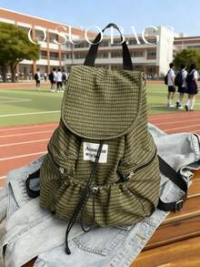 Large Capacity Fashionable Plaid Multi-Pocket Nylon Casual Backpack, Waterproof Lightweight Foldable Drawstring Patch Letter Travel Bag, Summer