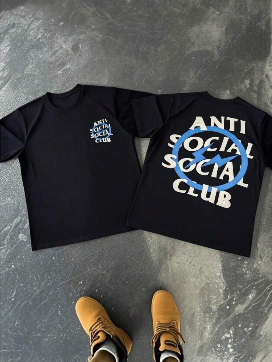 Anti Social Club Lightning Bolt 1pcs Men's 100% Cotton Tee Streetwear Double Sided Digital Printed 180g T Shirt Casual Style Graphic Top - màu đen - Xem 1