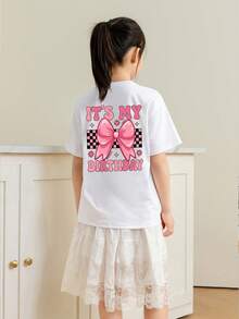 Tween Girls Students Casual Printed White Crew Neck Short Sleeve T-Shirt, Summer Top - White - View 2