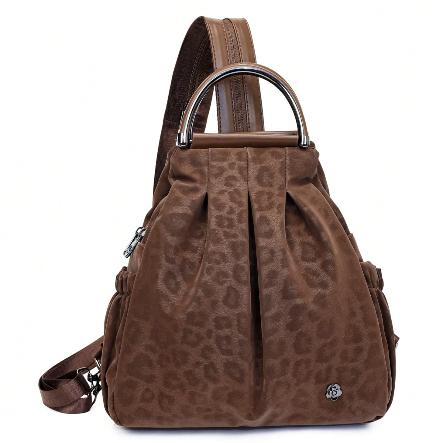 Brown Faux Leather Pleated Backpack With Metal Ring Handle And Camellia Decor - Women's Casual Everyday Commuter Bag