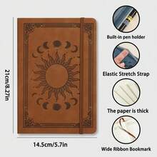 1 Hardcover Notebook, Faux Leather Cover With Embossed Sun & Moon Pattern, A5 Size, 200 Pages Lined Paper, Includes Pen Holder, Elastic Closure, Ribbon Bookmark, 180° Lay-Flat Design, For Office, Study, Note-Taking - Multicolor - View 2