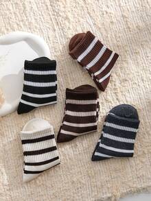 1/5 Pairs Women Striped Mid-Calf Socks, Comfortable Breathable Casual Cute Street Style Design, Suitable For All Seasons, Holidays, Gifts - Multicolor - View 4