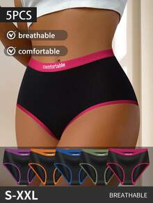 5 Pcs Women Color-Block Edge Underwear, Minimalist High-Waisted Design, Comfortable And Stylish Fit For Everyday Wear, Available In Classic Color Combinations - 彩色 - 查看 1