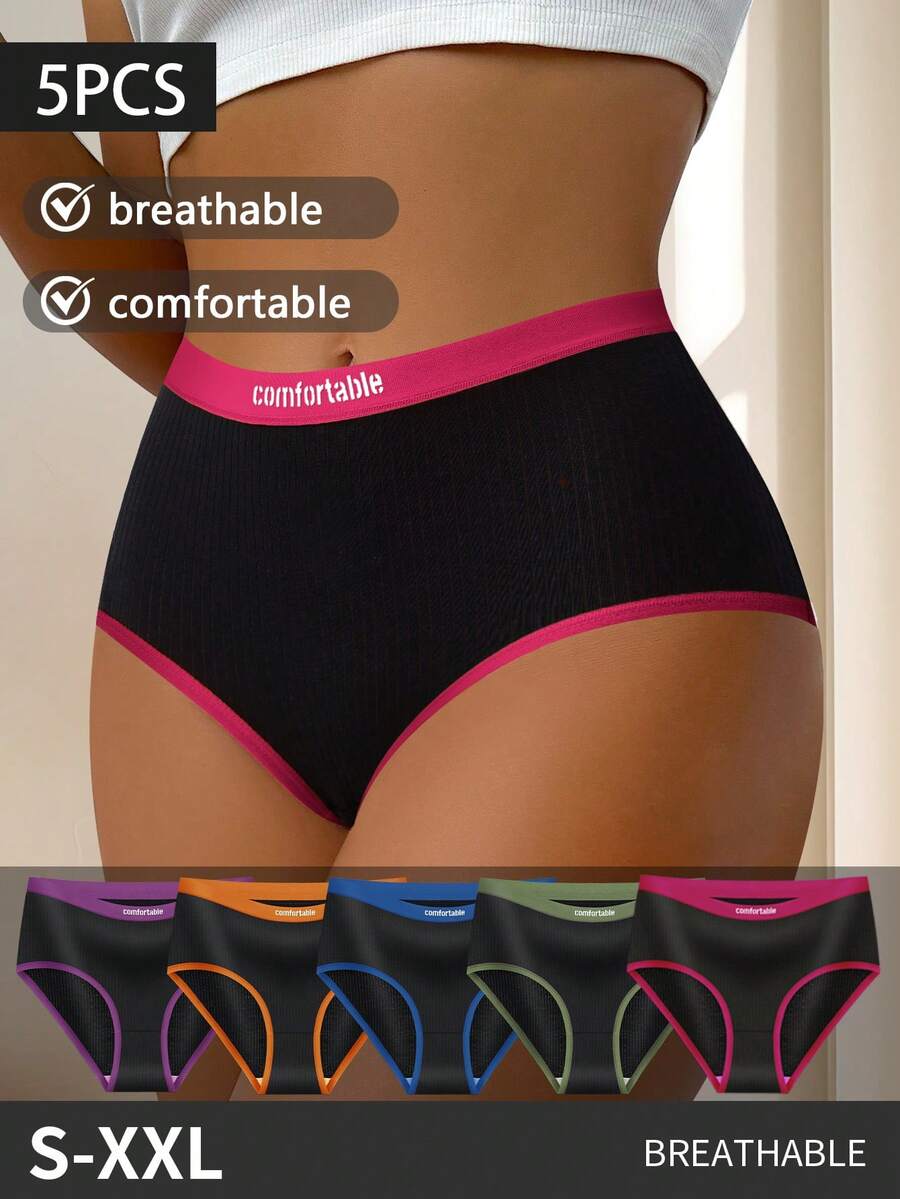 5 Pcs Women Color-Block Edge Underwear, Minimalist High-Waisted Design, Comfortable And Stylish Fit For Everyday Wear, Available In Classic Color Combinations - 彩色 - 查看 1