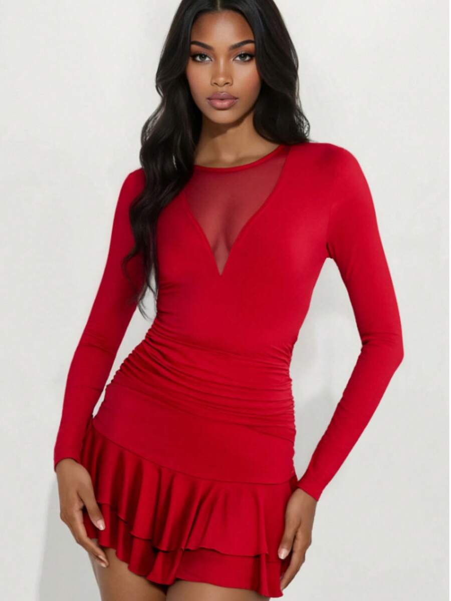 Elegant Solid Color Layered Long Sleeve Dress Without Ruffle Hem - Red - View 1