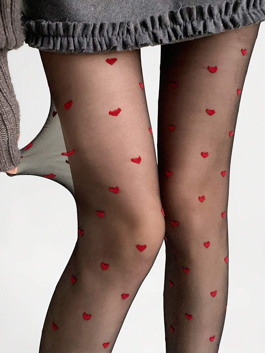 1件装女士红色爱心渔网袜，性感透明黑色紧身裤，时尚装饰连裤袜，适合日常、派对、街头风、休闲穿着 - 黑色 - 查看 1