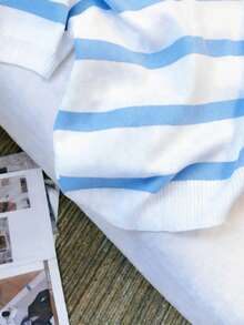 女士条纹短袖 Polo 领 T 恤，新款夏季针织衫，条纹撞色罗纹，沙滩装