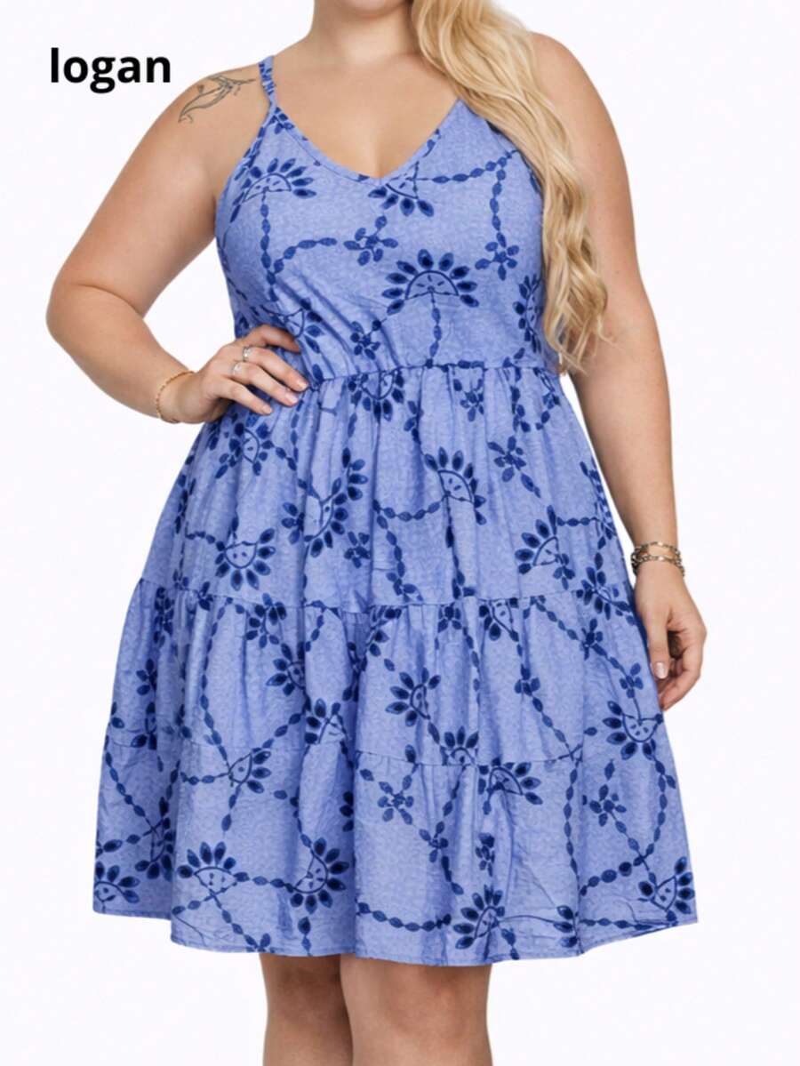Plus Size Floral Foliage Print Dress With Adjustable Straps And Ruffles - COR D - View 1