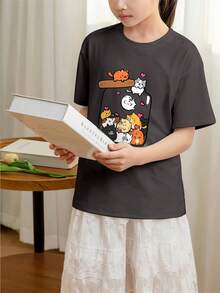 女童和青少年学生休闲印花深灰色圆领短袖T恤上衣，夏季 - 深灰色 - 查看 2