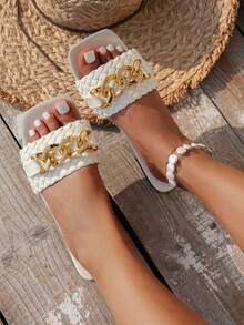 2025 Roman Style Fashion Buckle Flat Women Sandals Slippers For Summer - White - View 5