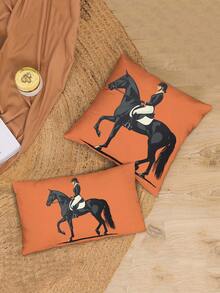 2pcs Fashionable & Comfortable Pillow Covers With Simple Vector Illustration Of Equestrian Rider On Black Horse, Made Of Hypoallergenic Polyester Fabric, Hidden Zipper, No Filling, Suitable For Home Decor, Living Room, Throw Pillow, Cushion Cover, Sofa Decorative Pillow, Home Decor, Pad Cover, Soft Pad. - Multicolor - View 2