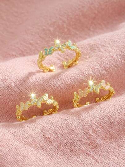 3colors Girls Sweet Beautiful Stylish Cubic Zirconia Decor Butterfly Ring Open Adjustable Ring For Daily Wear Matching All Seasons