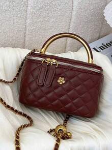 秋冬新款时尚经典百搭纯色方盒包，绗缝方包，手提包，拉链开合单肩包，金属扣装饰设计单肩包，适合旅行、购物、聚会、约会。