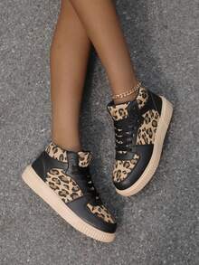 Women's Leopard Print High-Top Casual Sneakers | With Cushioned Insole, Breathable Mesh PU Upper And Round Toe - Suitable For Casual, Sports, Athleisure Wear - Leopard Spot Print Gift Shoes, Women's Athletic Shoes, Training/Workout Shoes - Black - View 2